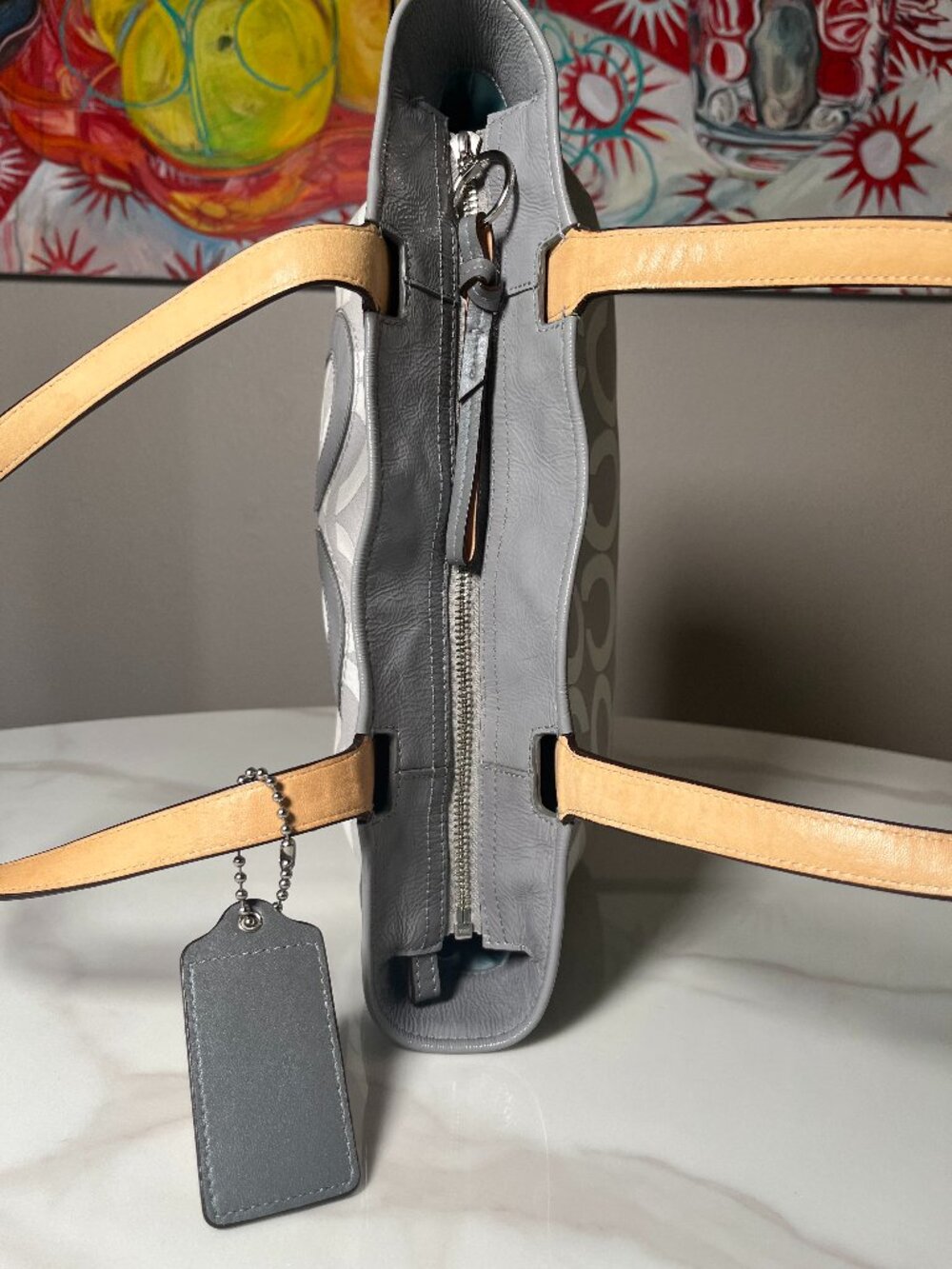 Coach Audrey Op Art Signature Tote 17035 Gray White Jacquard Patent Leather Bag - Picture 6 of 15